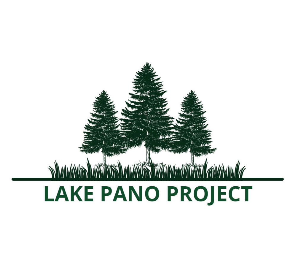 A logo with 3 dark green trees, one large middle tree, sitting on dark green grass, with LAKE PANO PROJECT in bold, lighter green undernneath.