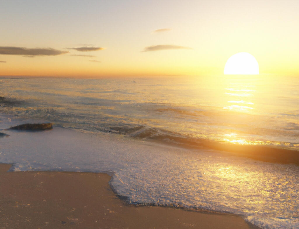 AI Generated Image An AI generated image of a sunset across the water, with gentle waves lapping the shore, fluffy whitewash